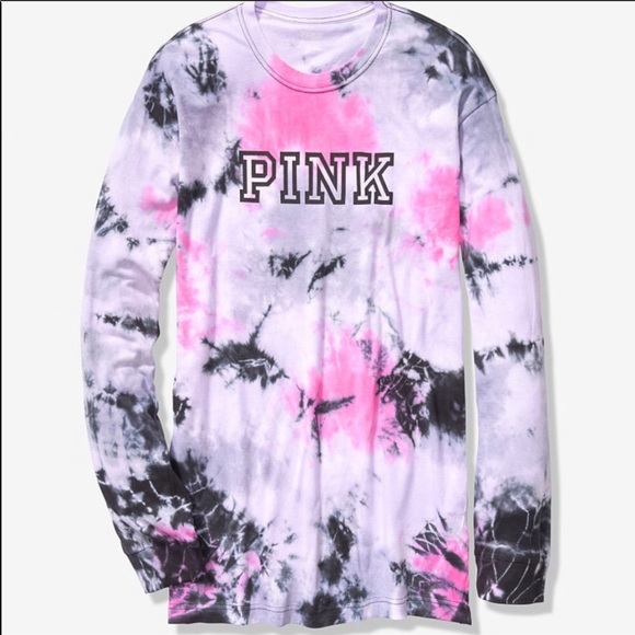 PINK VICTORIA/'S SECRET NAVY TIE DYE LOGO VARSITY CREW LONG SLEEVE TEE SHIRT VS